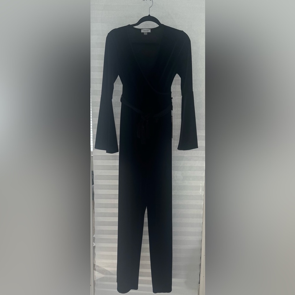 NWT Calvin Klein Black Velvet Wrap Jumpsuit Size 4 bell sleeve